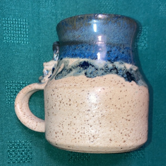POTTERY artisan made signed mug, tan & blues, 1 cup, fancy handle $20 - Picture 3 of 9